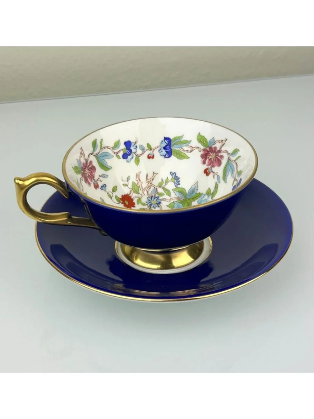 Aynsley Millennium Limited Edition Cobalt Bird Floral Teacup Saucer Set England